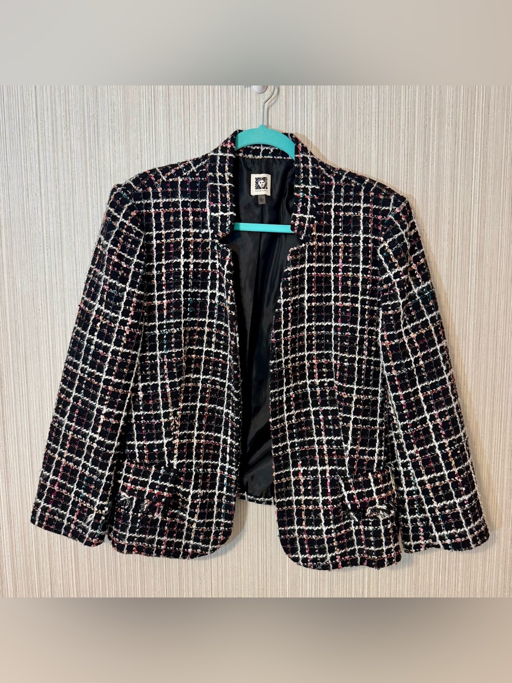 Anne Klein Tweed Metallic Fringe Detail Luxury Vibes Open Front Blazer Jacket XL